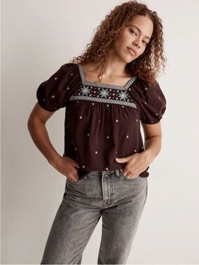 Madewell Brown Embroidered Square-Neck Puff Sleeve Top